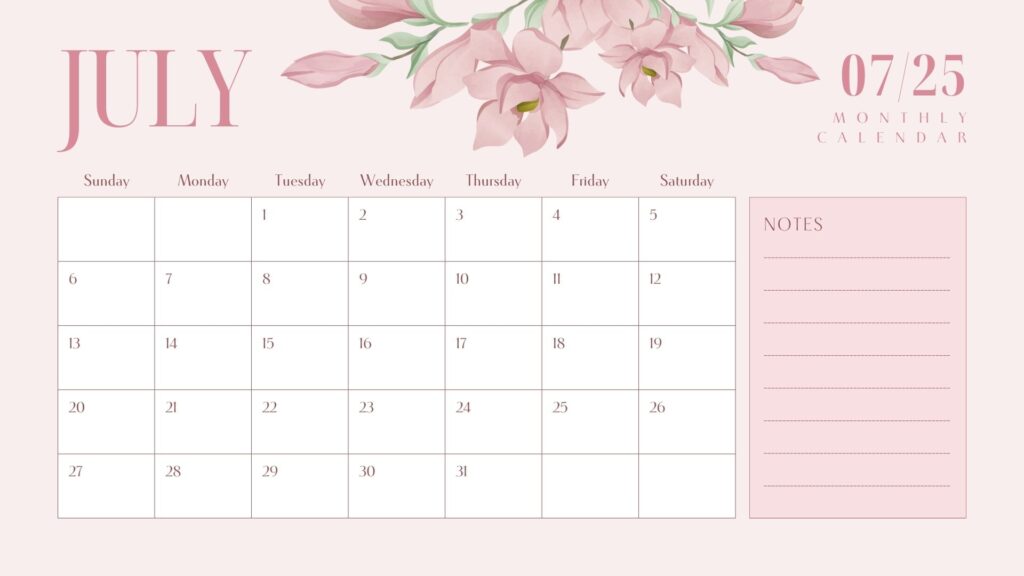 Pink and White Modern July 2025 Calendar