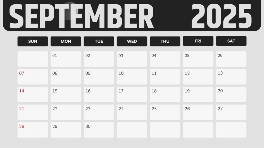 White Black Bold Modern September 2025 Calendar