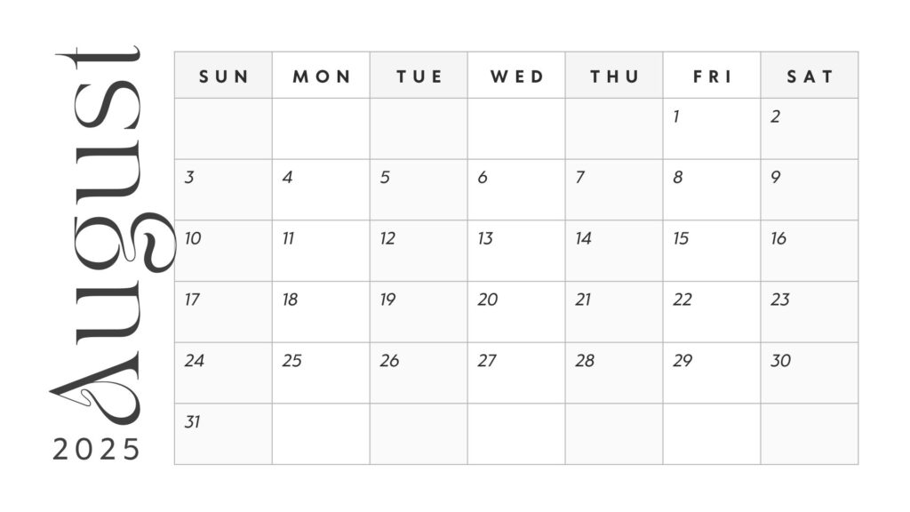 White Grey Minimalist Simple August 2025 Monthly Calendar