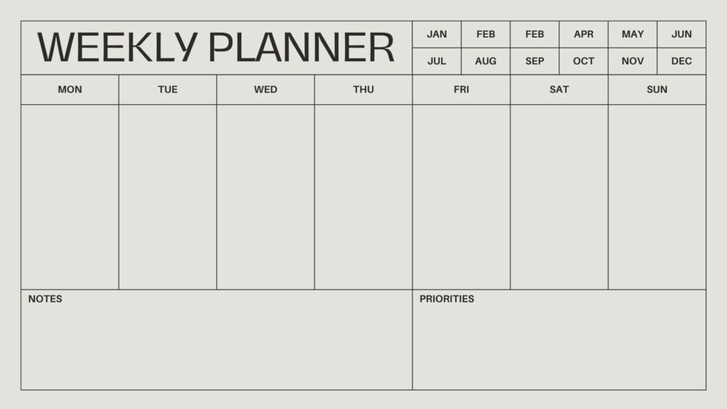 Black & Beige Minimalist Table Customizable Weekly Planner Calendar