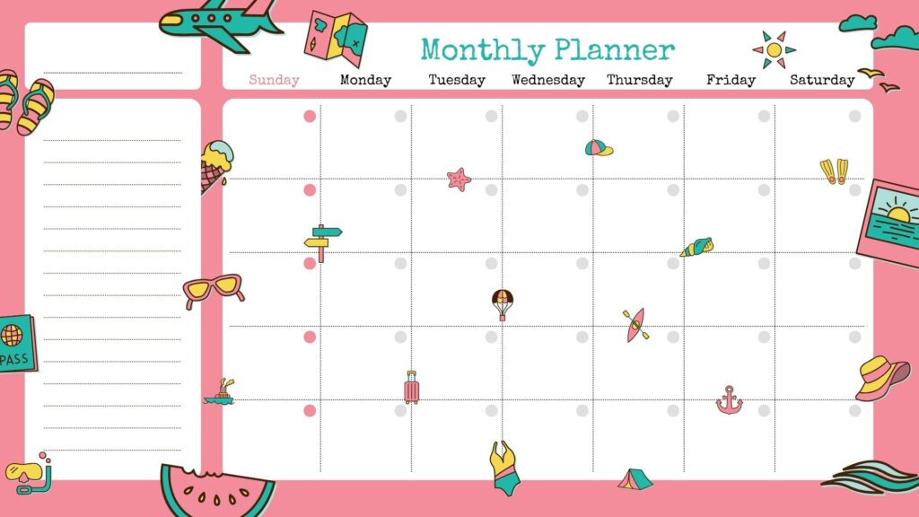Colorful Cute Summer Icons Undated Planner Monthly Calendar