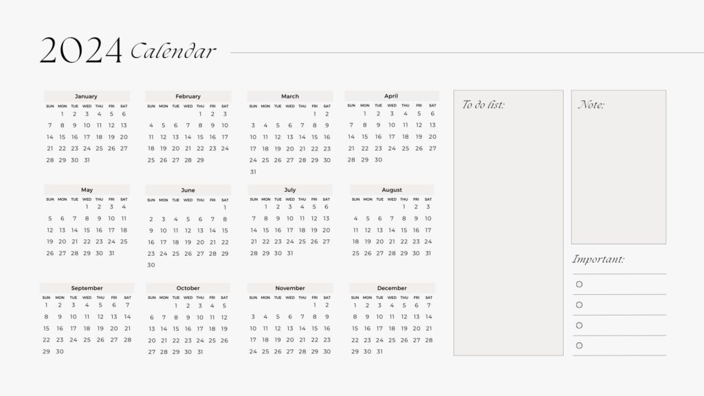 White Minimal Clean 2024 Monthly Calendar