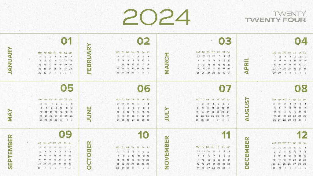 White and Green Clean Minimalist 2024 Calendar